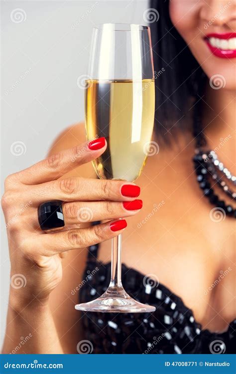 Elegant Black Hair Woman Drinking Champagne Stock Image Image Of