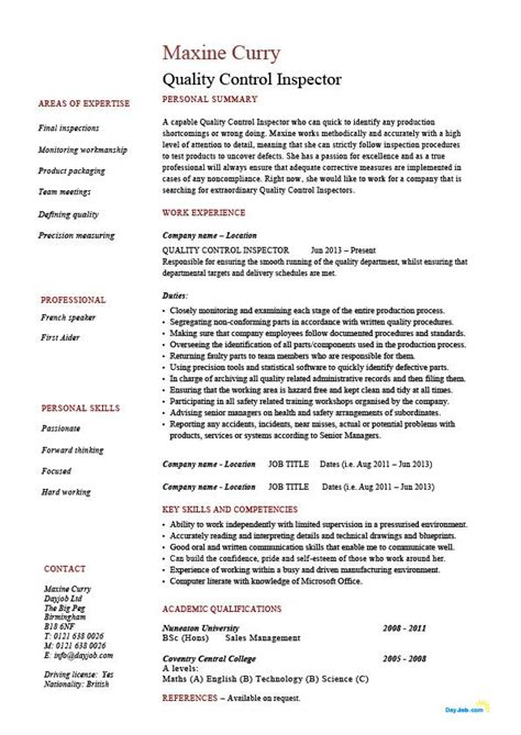 A template set of personal qualities in resume, an example might look like Quality control inspector resume - DayJob.com