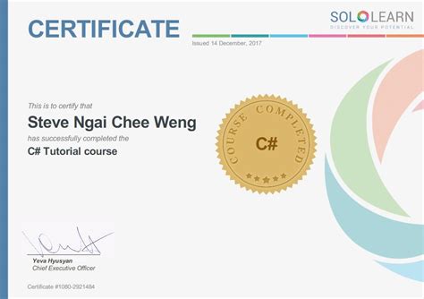 Csharp Tutorial Course Certificate By Solo Learn Steve Ngai 危 志 荣