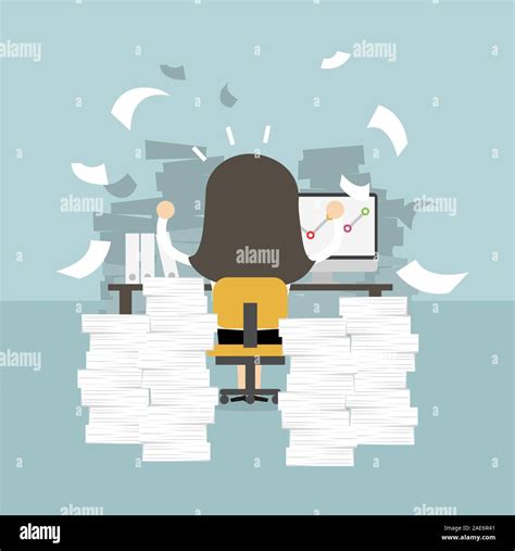 Businesswoman Very Busy On Office Table Work Hard Concept Stock Vector