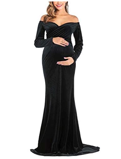 Buy JustVH Velvet Maternity Off Shoulder Half Circle Fitted Gown Maxi