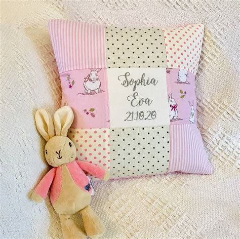 personalised pink and grey bunny name cushion by tuppenny house designs