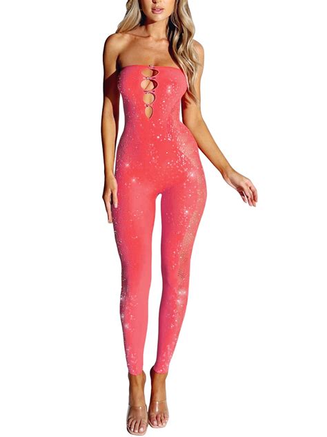 Women Sexy Jumpsuit Rhinestone Hollow Out Bodysuit Long Sleeve Stapless Off Shoulder Romper