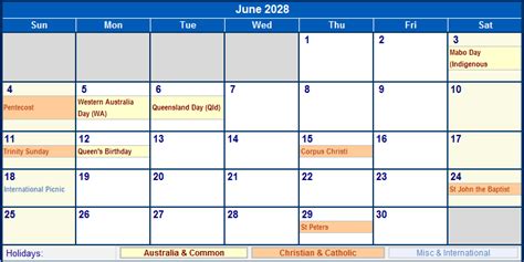 June 2028 Australia Calendar With Holidays For Printing Image Format