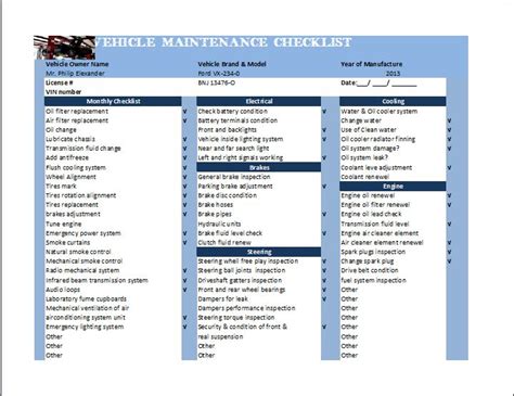 Vehicle Maintenance Checklist Excel Spreadsheet