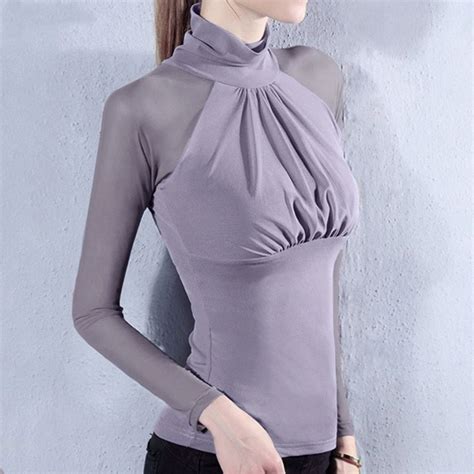 womens sexy t shirts see through mesh tops long sleeve turtle neck slim plus size elegant ladies