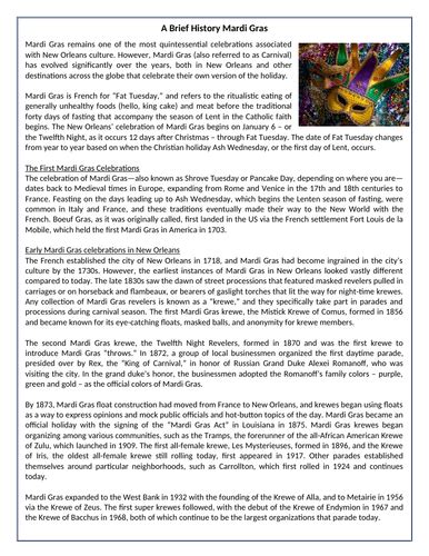 A Brief History Mardi Gras Reading Comprehension Text Teaching