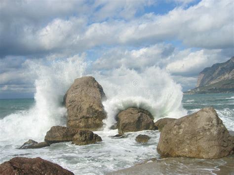 Stormy Sea With Big Waves Crashing On The Rocks Stock Image Image Of