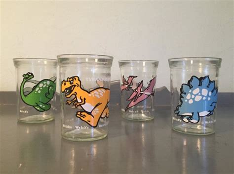 Four 1988 Dinosaur Welchs Jelly Jar Juice Glasses
