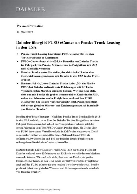 Daimler Bergibt Fuso Ecanter An Penske Truck Leasing In Den Usa