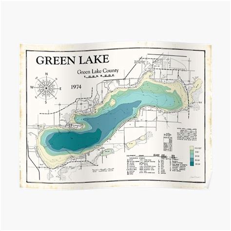 Green Lake Map Wisconsin 1974 Premium Matte Vertical Poster Sold By
