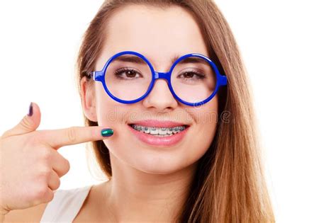 Nerdy Woman Showing Her Teeth With Braces Stock Image Image Of