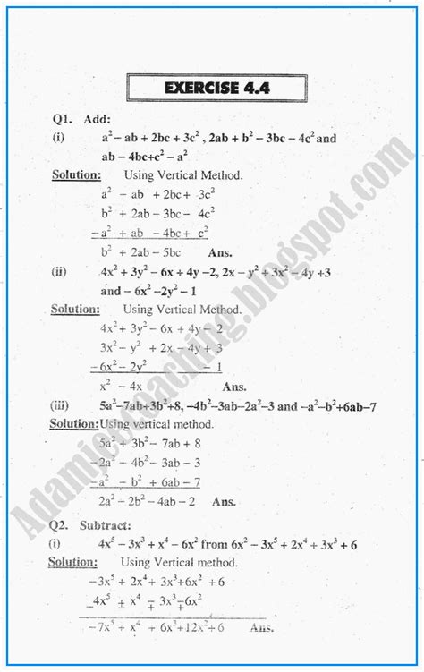 A set of comprehensive math questions are presented. Adamjee Coaching: Exercise 4.4 - Algebraic Expressions ...