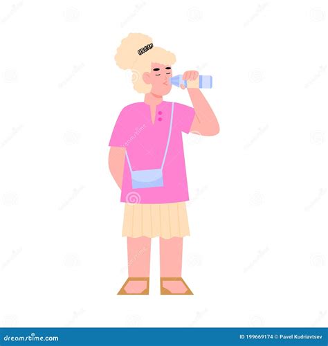 Character Of Woman Drinking Water From Bottle Flat Vector Illustration
