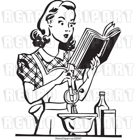 Vector Clip Art Of Retro Lady Baking And Reading A Cook Book By
