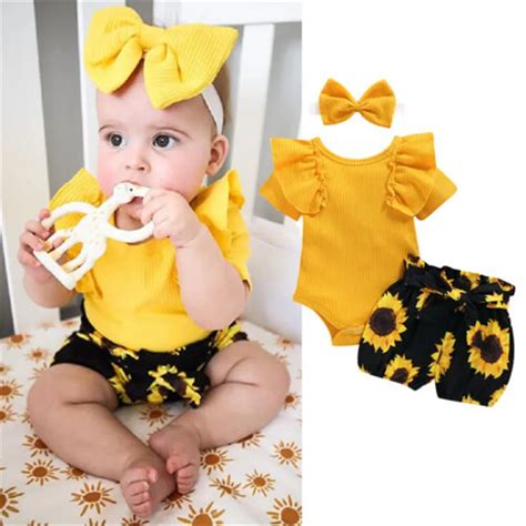 0 24months Baby Girl 3pcs Clothes Set Yellow Ruffled Romper Sunflower