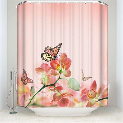 Fabric Flower Shower Curtain Pink Waterproof Polyester Home Bathroom