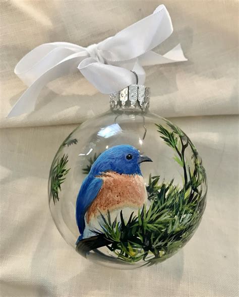 Blue Bird Christmas Tree Ornament Hand Painted Glass Green Pine Sphere