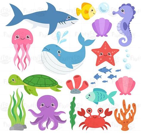 Ocean Animal Clipart Sea Animals Clip Art Marine Life Etsy Cartoon