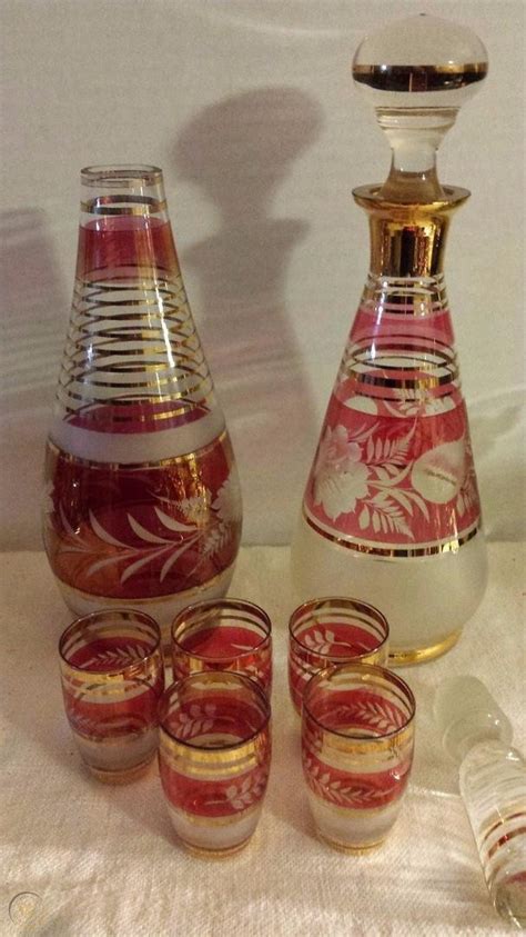 Vintage Bohemian Czech Ruby Red Etched Cut To Clear Crystal Decanter Cordial Set 1751918872