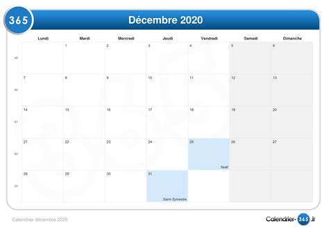 Calendrier Décembre 2020