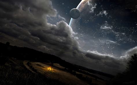 Sunlight Digital Art Night Planet Space Sky Clouds Earth Space