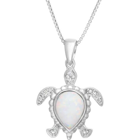 Sterling Silver Sea Turtle Pendant With Lab Created Opal And Diamond