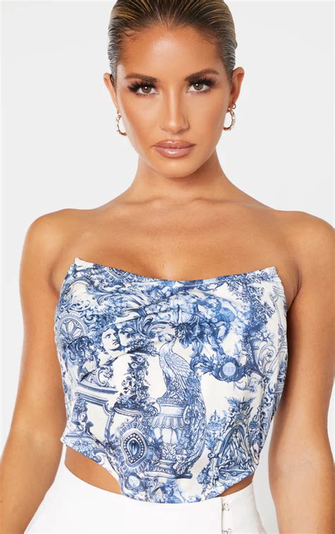 Blue Renaissance Print Satin Boned Curved Hem Corset Printed Satin Blue Corset Curved Hem