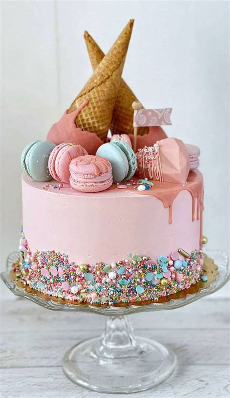 40 Cute Cake Ideas For Any Celebration Pink Cake With Macarons And Ice