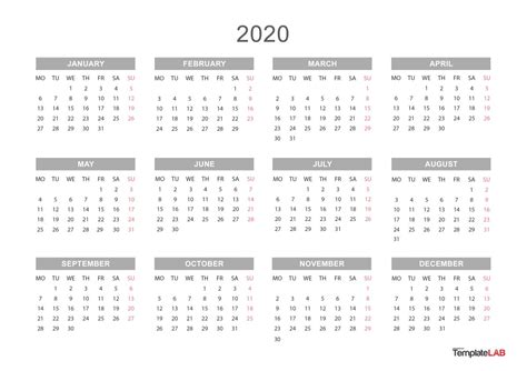 2020 Printable Calendars Monthly With Holidays Yearly Templatelab