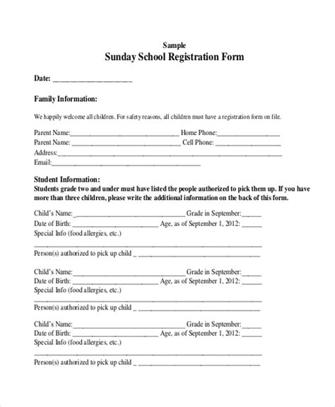 Printable Sunday School Registration Form Printable Forms Free Online