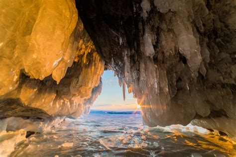 Ice Cave At Sunset On Lake Baikal Siberia Russia Stock Photo Image