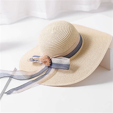 S Summer Big Brim Straw Floppy Foldable Beach Sun Hat With Ribbon