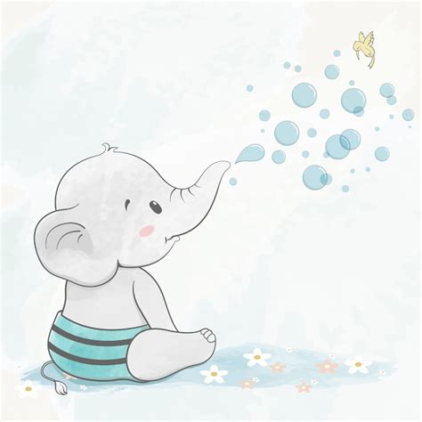 Lindo Bebé Elefante Con Burbujas De Aire Dibujado A Mano De Dibujos