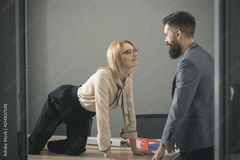 Sexual Flirt At Work Sexy Secretary Seduce Boss In Office Businesswoman On Desktop Look At