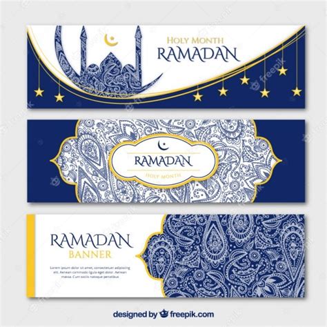 Blue Ornamental Ramadan Banners With Golden Details Vector Premium