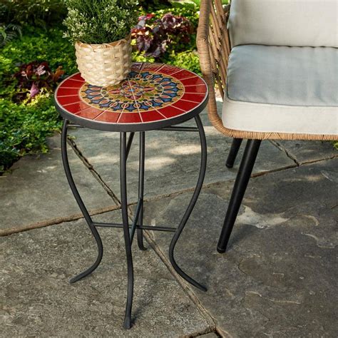 Haven Way Merida Red Mosaic And Black Metal Outdoor Side Table 89