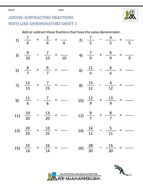 Adding And Subtracting Fractions Free Worksheets