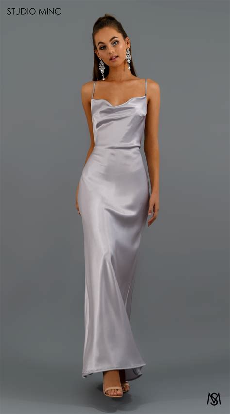 Midi Silver Cascade Satin Cowl Bridesmaidevening Dress Studio Minc