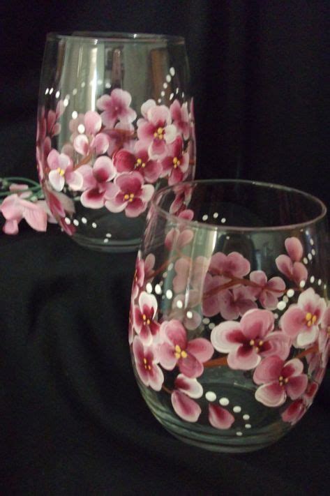 Stemless Cherry Blossom Glass Painted Wine Glass Painted Glass Vases Hand Painted Glassware