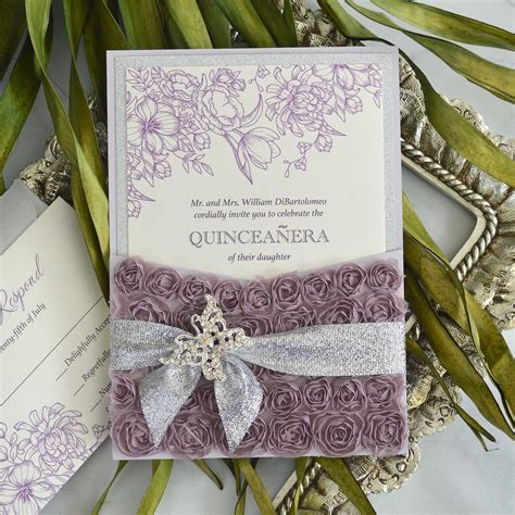 Request an appointment to visit our attleboro, massachusetts, location to view our extensive selection of elegant quinceanera invitations. ROSETTE Pocket Quinceañera Invitation - Lavender Rosette Pocket Invitation with Silver Glitter B ...