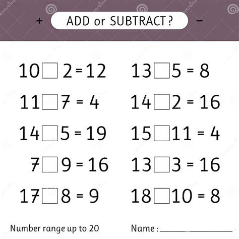 Add Or Subtract Number Range Up To 20 Worksheet For Kids Addition