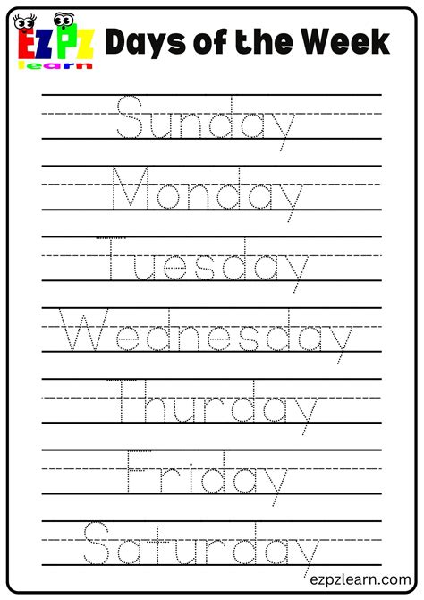 Tracing Page Days Of The Week Ezpzlearn Com