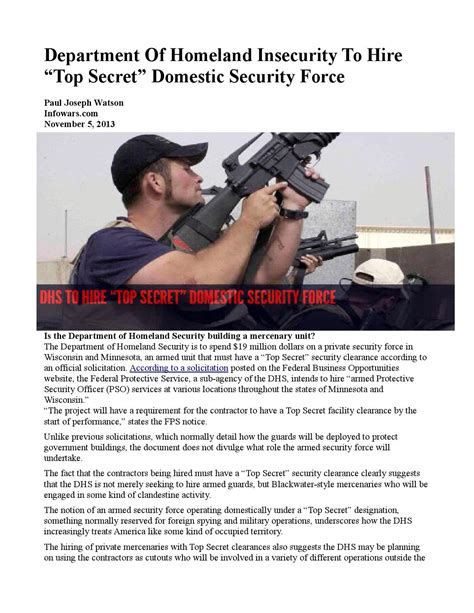 Department Of Homeland Insecurity To Hire “top Secret” Domestic Security Force By Freedom Of