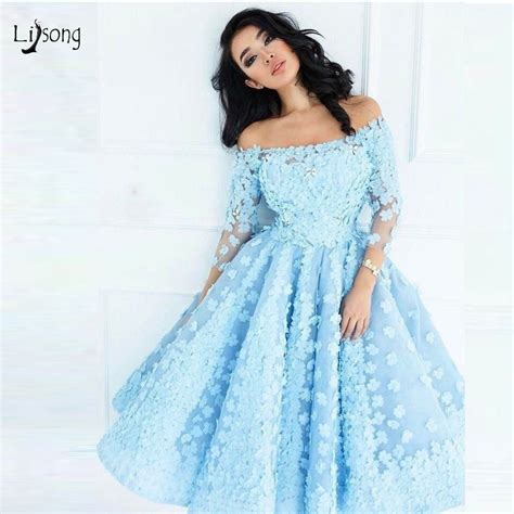 Pretty Sky Blue 3d Flower Tea Length Prom Dresses With Full Sleeves Off