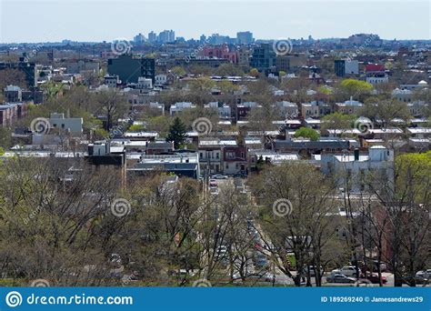 Astoria Queens New York Neighborhood Skyline During Spring With Homes