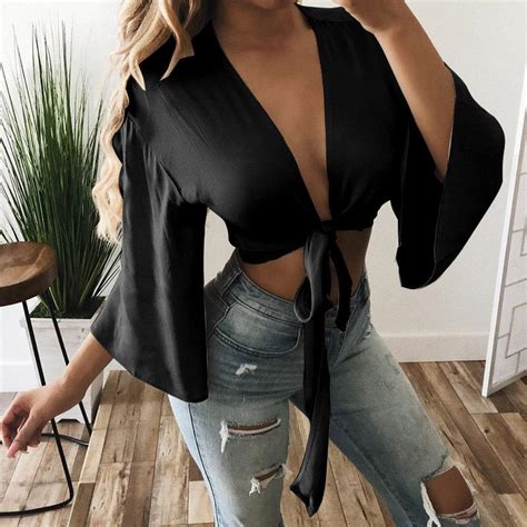 Women Shirts Three Quarter Sleeve Solid Blouse Women Sexy Deep V Neck