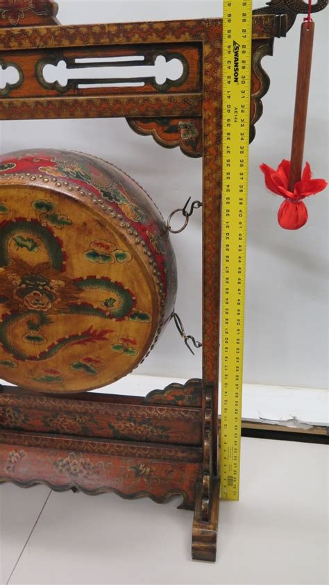 Large Vintage Oriental Gong W Painted Wooden Stand 2 Mallets 31 X 46