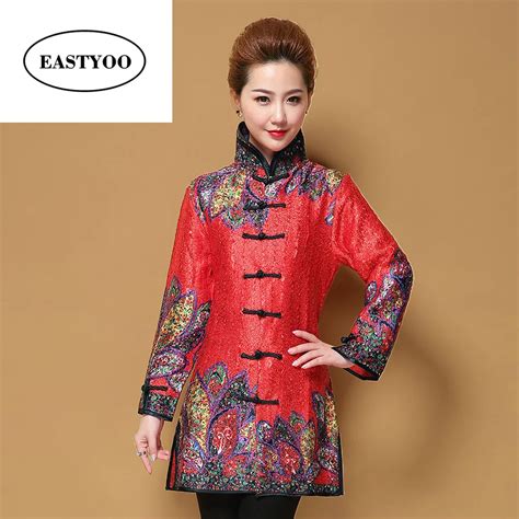 Silk Jackets Women Autumn Winter Chinese Tang Jackets Mandarin Collar Flower Cheongsam Tops Long