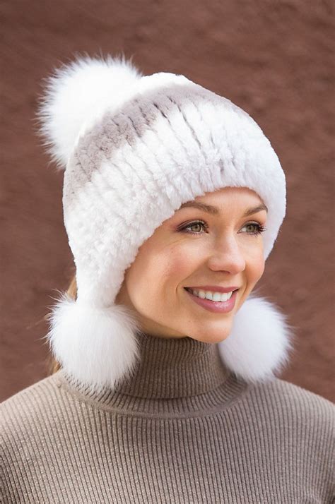Rex Rabbit Fur Beanie Hat With Fox Fur Poms Fur Beanie Hat Rabbit